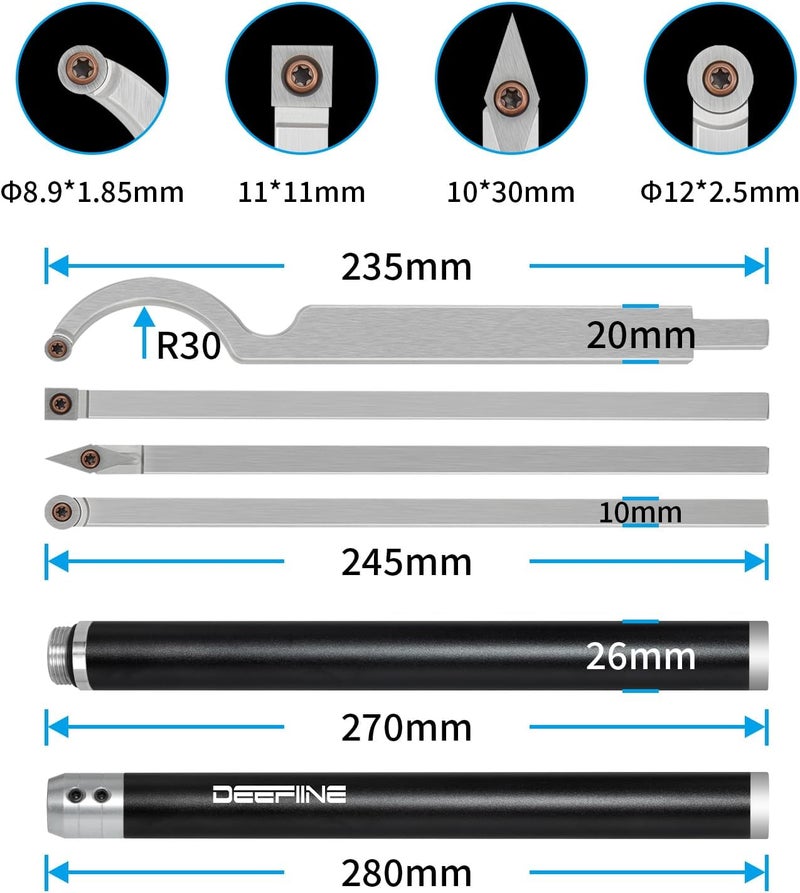 DEEFIINE Carbide Tip Wood Lathe Turning Tool set With Bowl Sander, Lathe Roughing and Finishing Hollowing Tool Interchangeable Aluminum Alloy Handle with 4pcs Carbide Inserts For Woodturning（Black） - Image 2